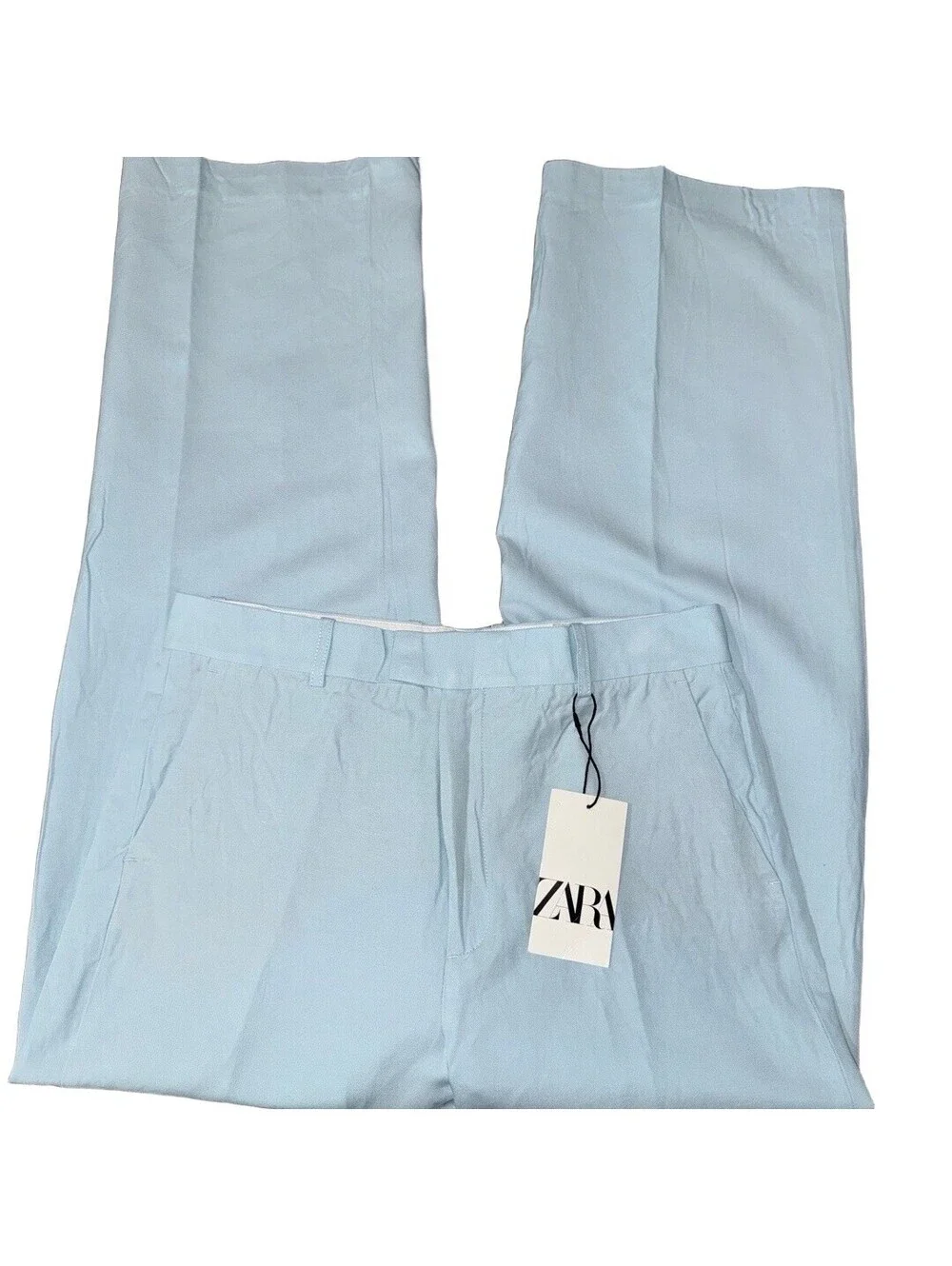 ZARA NWT ZW COLLECTION LINEN BLEND STRAIGHT FIT PANTS IN BLUE-SIZE LARGE